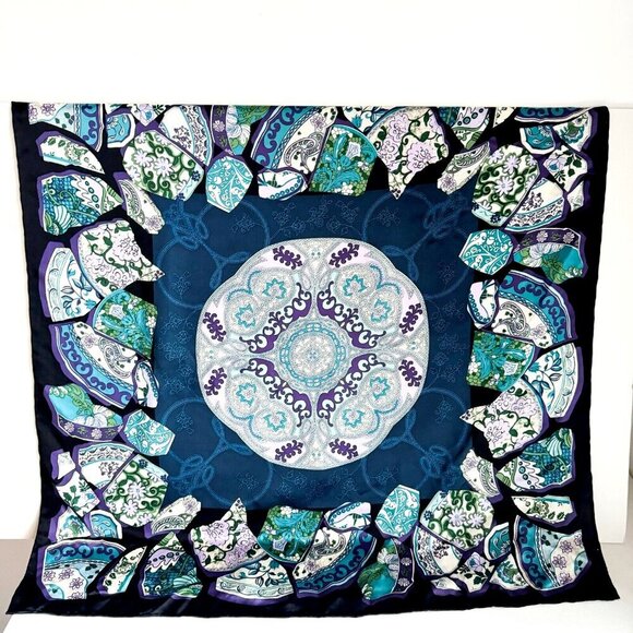 Vintage Chinese Pottery Print Blue Purple Hand Rolled Silk Scarf - Picture 2 of 5